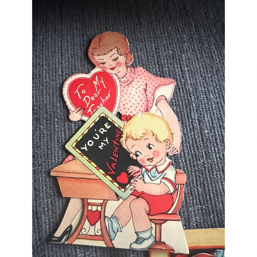 Vintage Teacher Valentine Cards Lot of 3 Mechanical Die Cut 1940s 1950s Ephemera